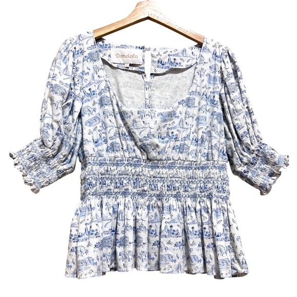 Dondolo Tops - Dondolo XL Toile Top Blue White Smocked Puff Sleeve Cotton Cottage Ferris Travel